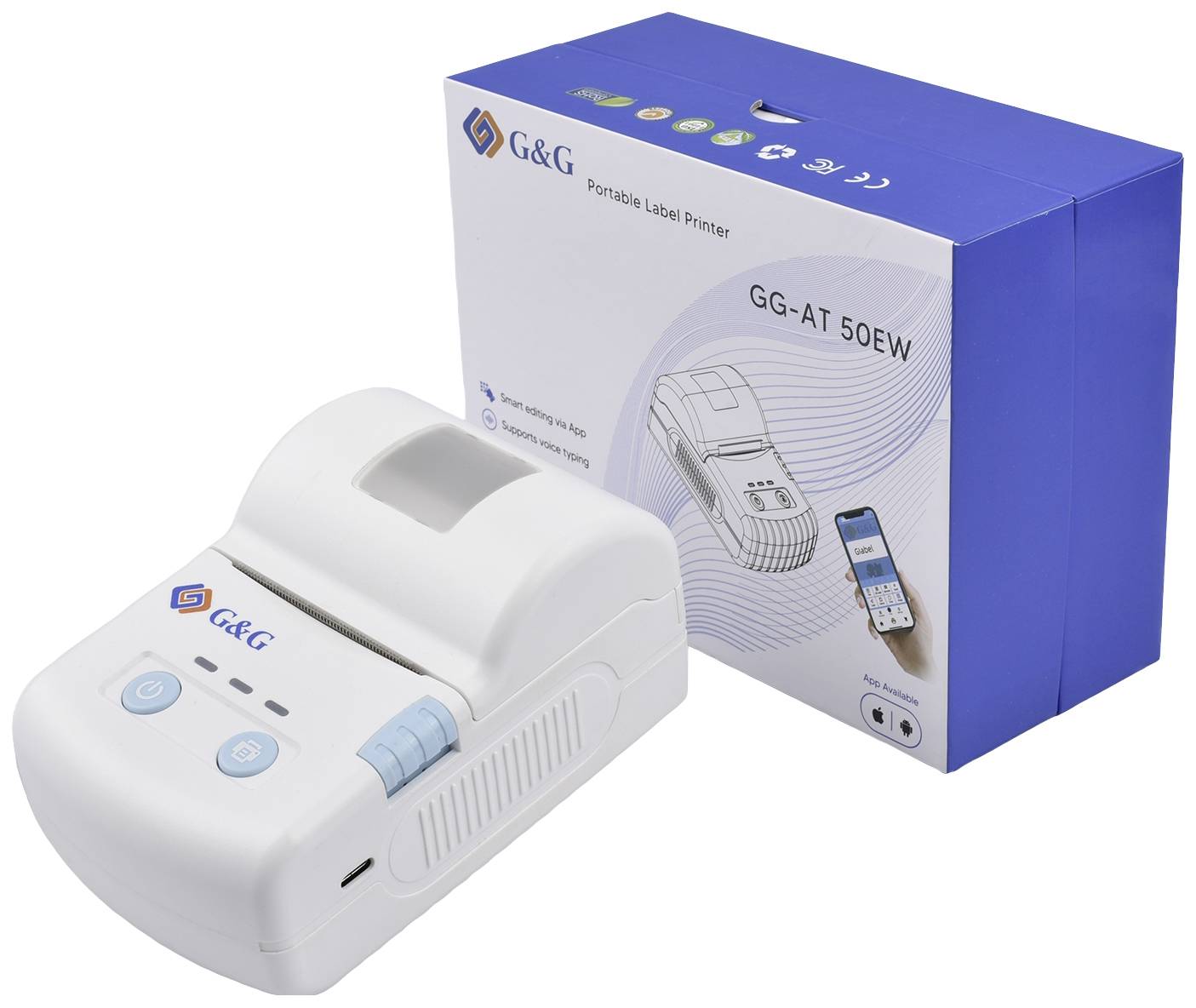 Přenosná tiskárna štítků G&G GG-AT 50EW, bílá, vedle obalu. Obal ukazuje použití tiskárny se smartphonem.