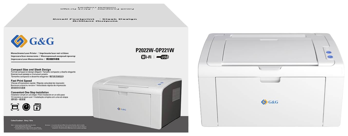 Na obrázku je bílá tiskárna značky G&G s modelovým číslem P2022W-0P221W. Vlevo je vidět balení s informacemi o produktu.