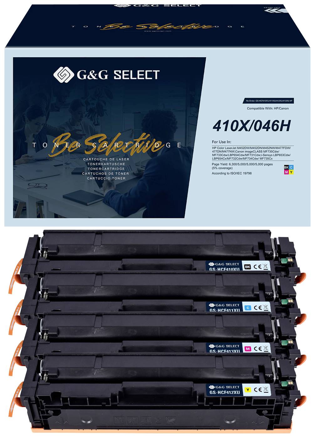Sada tonerových kazet 'G&G Select' pro tiskárny HP, model 410X/046H. Obsahuje černou, azurovou, purpurovou a žlutou kazetu.