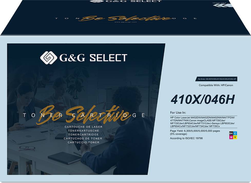 Obal tonerové kazety G&G Select, model '410X/046H', kompatibilní s tiskárnami HP. Nápis: 'Buď selektivní'.