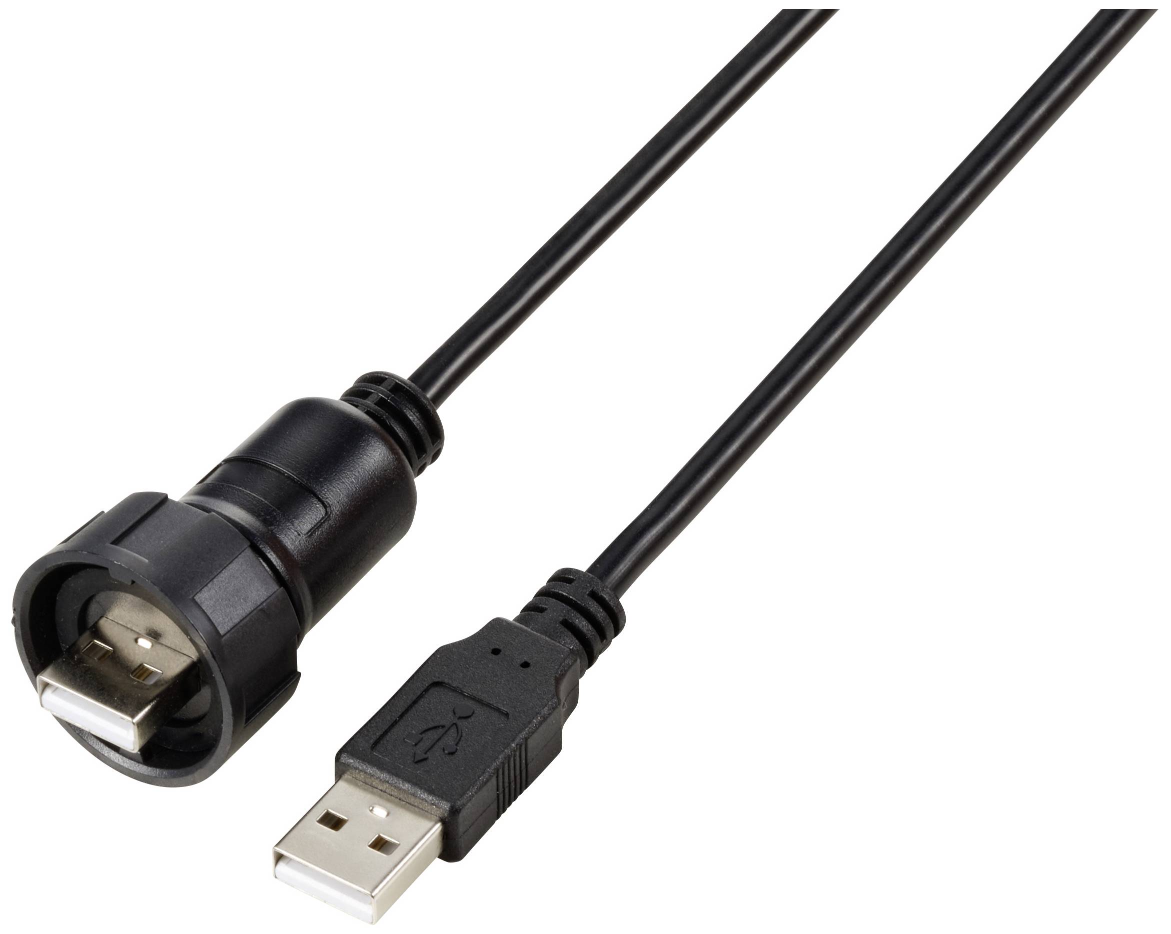 USB kabel s vodotěsnou koncovkou vlevo a standardní USB koncovkou vpravo. Vhodný pro odolná připojení.