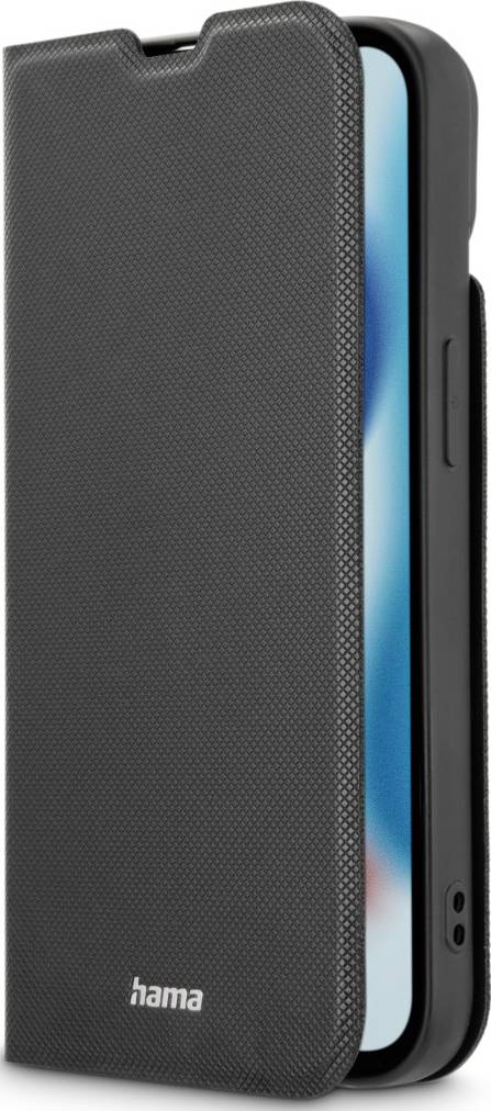 Smartphone s černým ochranným pouzdrem, z poloviny otevřené. Pouzdro má strukturovaný vzor a dole je viditelné firemní logo 'hama'.