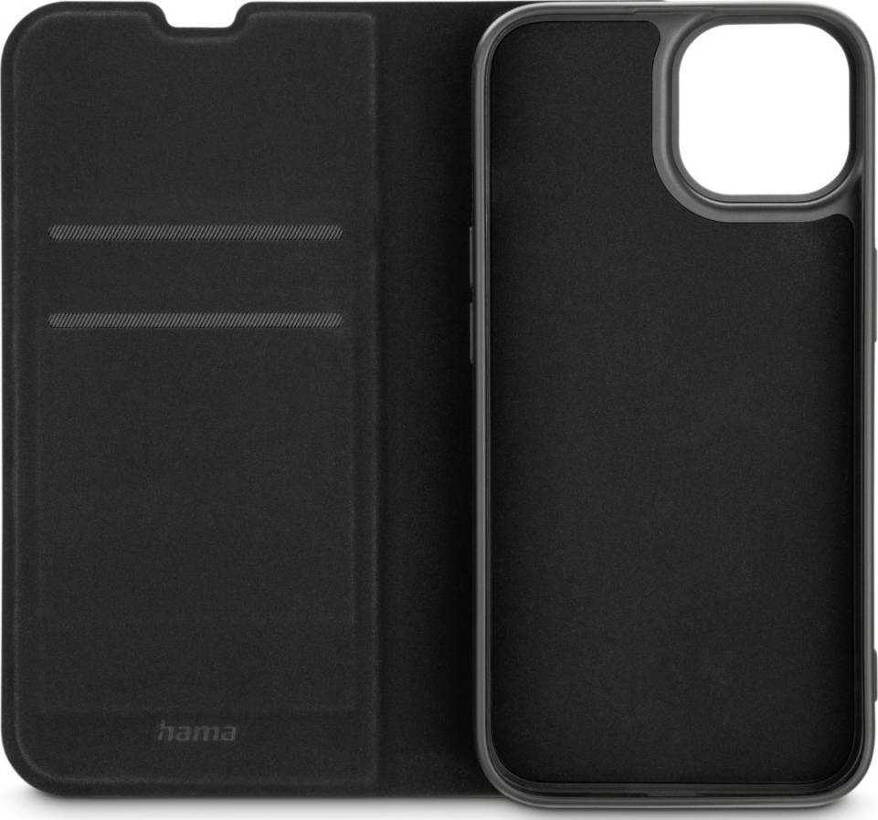 Černý obal na smartphone s klopným víkem vlevo a dvěma přihrádkami na karty, pravá strana s výřezem pro fotoaparát.