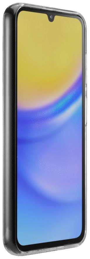 Smartphone se zaoblenými hranami a displejem, který zobrazuje modrý a žlutý barevný přechod, v černém pouzdře.