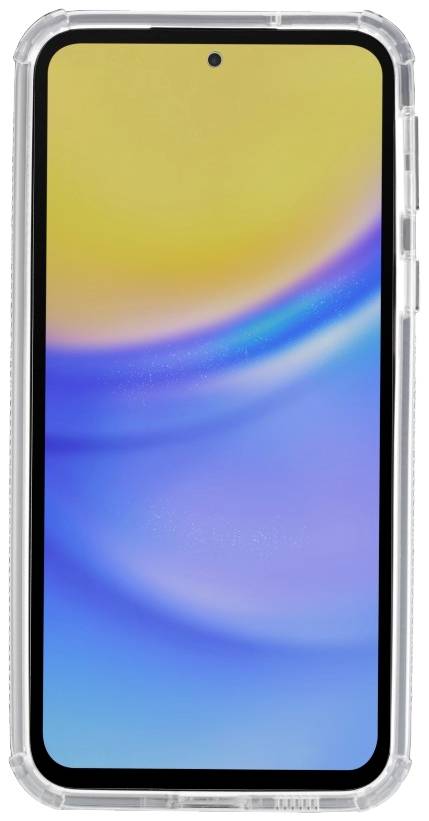 Smartphone s průhledným pouzdrem, displej zobrazuje modrý a žlutý barevný přechod.