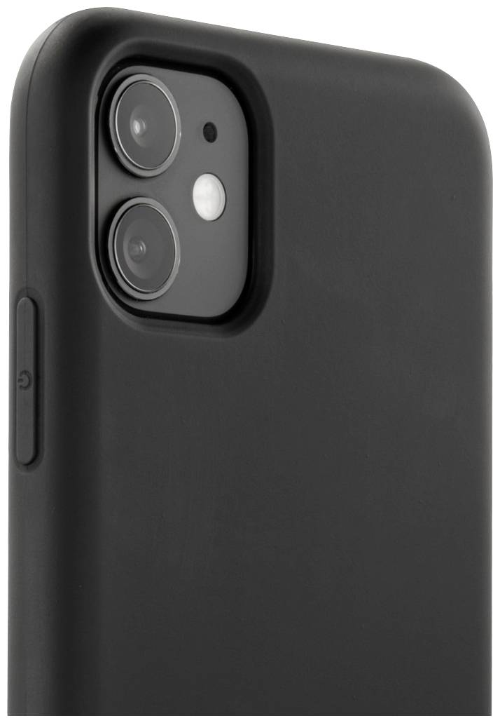 Černý smartphone s obalem, na zadní straně viditelné dva objektivy fotoaparátu a blesk.