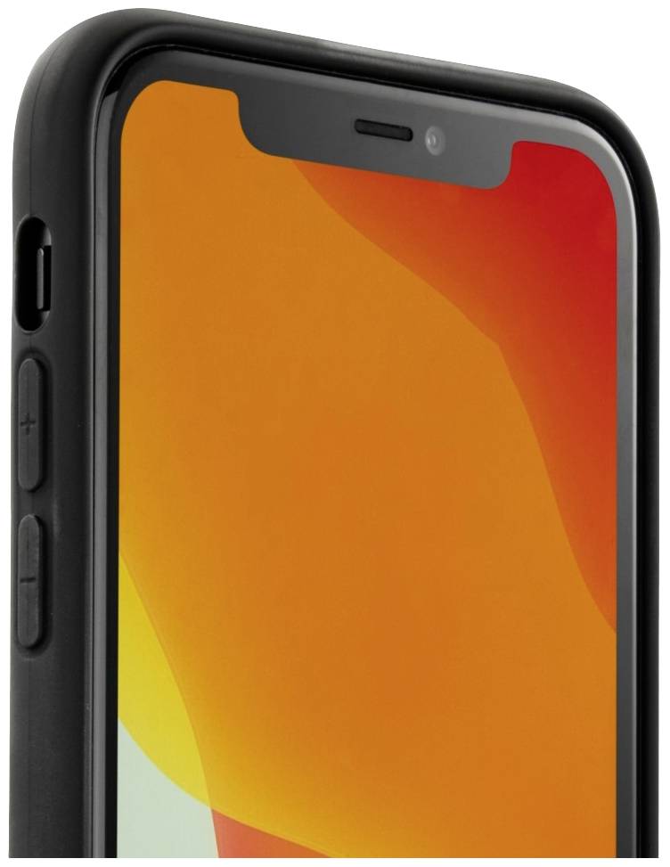 Černý smartphone v detailním záběru, jehož displej zobrazuje jasné oranžové a žluté barvy. Pohled z boku, viditelná tlačítka.