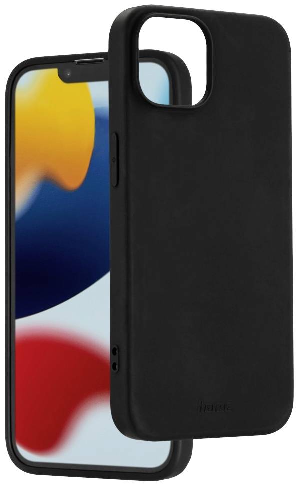 Černý obal na mobilní telefon vedle smartphonu s barevným displejem, který svítí v kombinaci červené, modré, žluté a bílé barvy.