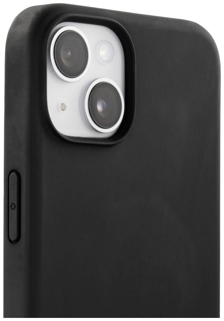 Černý mobilní kryt s výřezy pro dva objektivy fotoaparátu a blesk, pohled z boku. Minimalistický design, ochranná funkce.