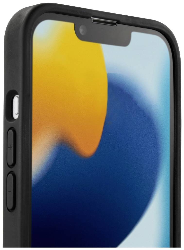 Detailní záběr smartphonu s barevným pozadím na displeji. Zařízení má černý kryt a boční tlačítka.