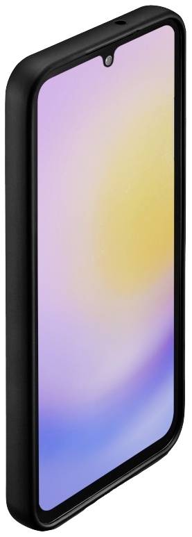 Smartphone s černým obalem, displej zobrazuje barevný přechod z fialové do žluté.