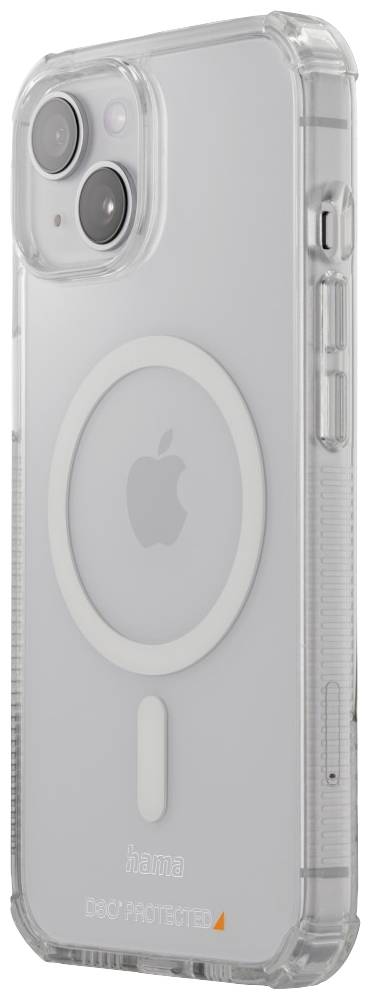 Stříbrný smartphone s průhledným pouzdrem, který na zadní straně ukazuje výrazný kruhový vzor a logo jablka.