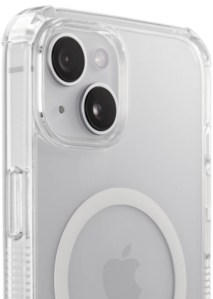 Průhledný obal na smartphone se dvěma výřezy pro fotoaparáty a kruhovým prvkem na zadní straně.