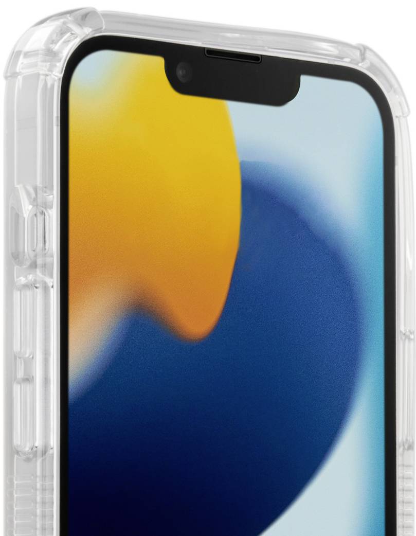 Smartphone v průhledném pouzdře, s částečně barevným pozadím na displeji.
