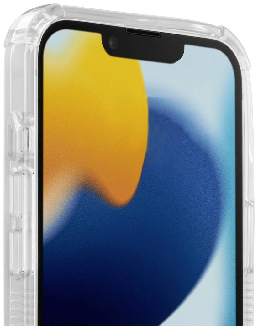 Detailní záběr smartphonu s průhledným pouzdrem, barevný displej v pozadí.
