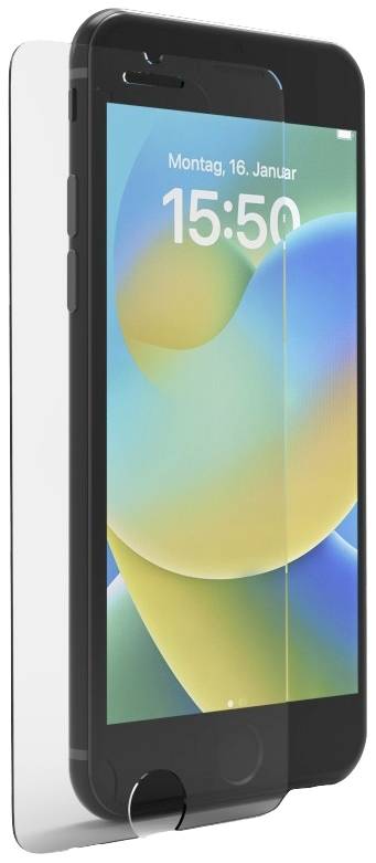 Smartphone s časem '15:50', datem 'Pondělí, 16. ledna' na displeji, obklopené ochrannou fólií.