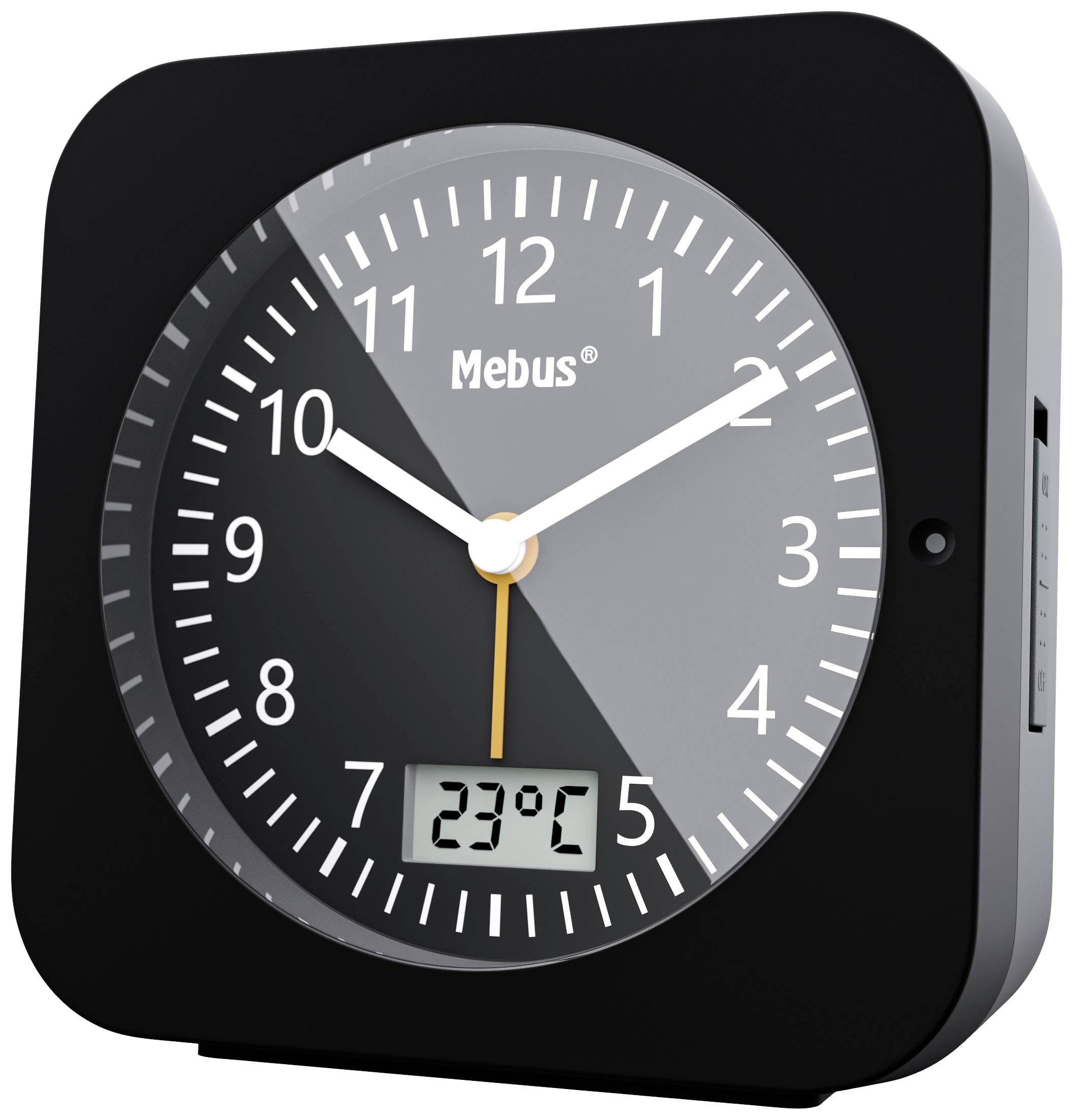 Černý budík s analogovým ciferníkem a digitálním displejem. Ručičky ukazují 10:10, digitální displej zobrazuje 23°C.