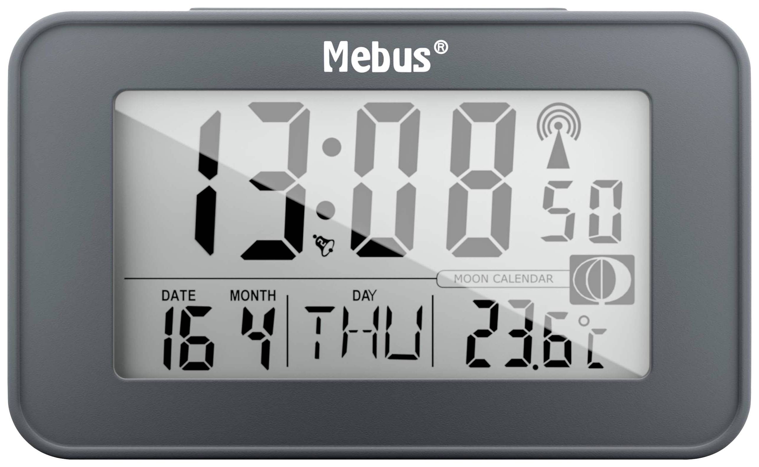 Digitální hodiny s velkou obrazovkou ukazují čas: 13:08. Datum: 16. dubna, Den v týdnu: Čtvrtek. Teplota: 23,6°C. Symbol měsíčního kalendáře.