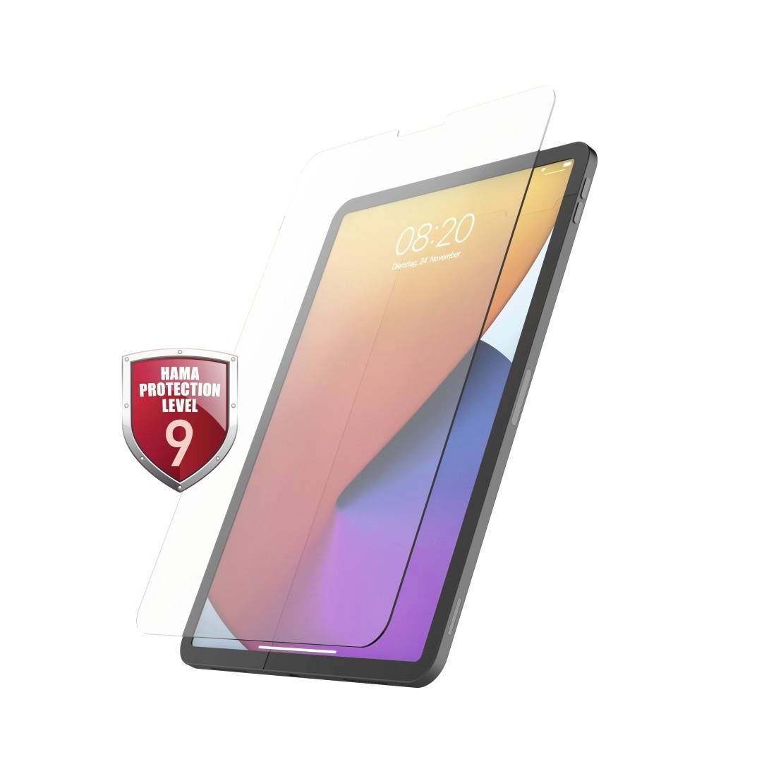 Tablet s ochranným sklem značky Hama ve stupni ochrany 9 zobrazuje na displeji čas 08:20.