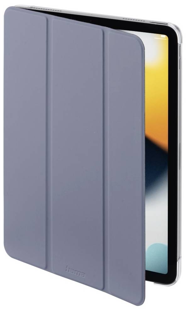 Tablet s šedým ochranným pouzdrem, které je částečně otevřené, což odhaluje část obrazovky.