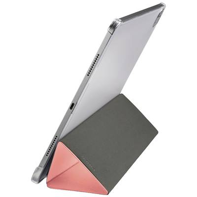 Tablet s šedým a červeným skládacím stojánkem pohledem z boku. Stojánek drží tablet ve vzpřímené poloze.