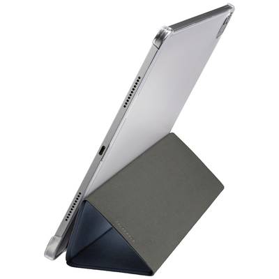Tablet leží na stole v černém skládacím obalu, umístěné na boku. Obal podpírá tablet v šikmé poloze.