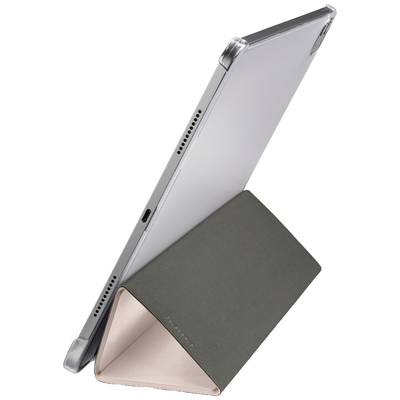 Tablet stojí na výšku na trojúhelníkově přehnutém Smart Coveru v tmavě šedé a růžové barvě.