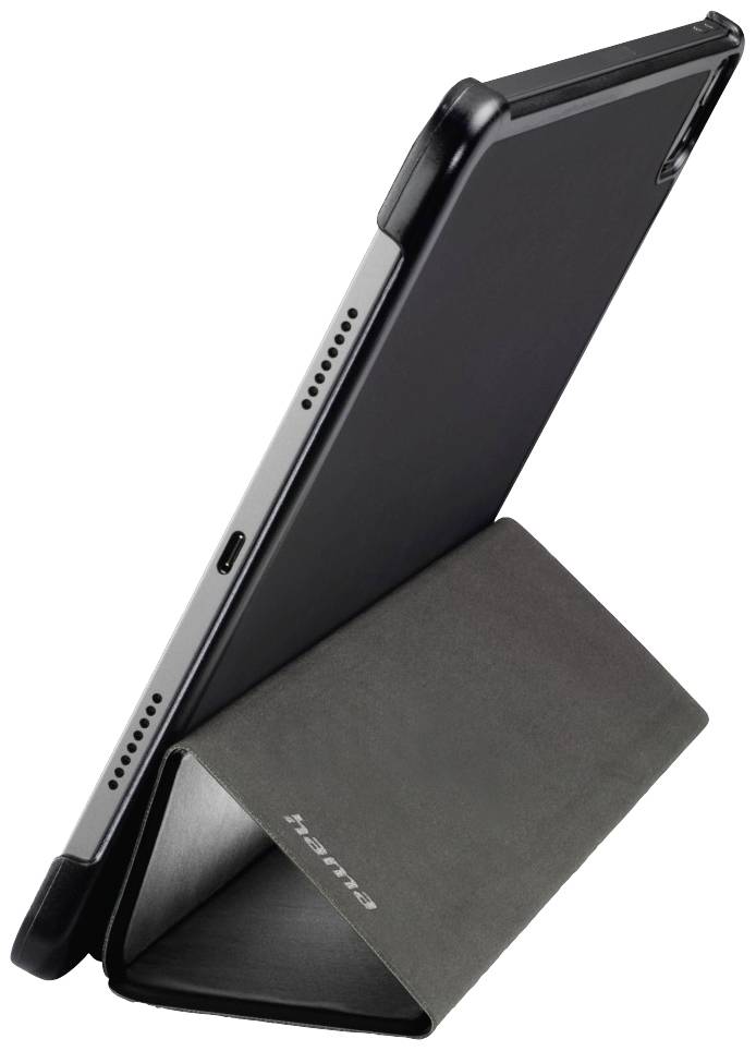 Tablet v bočním pohledu s černým obalem, který slouží jako stojánek, viditelný název značky 'Tsante'.