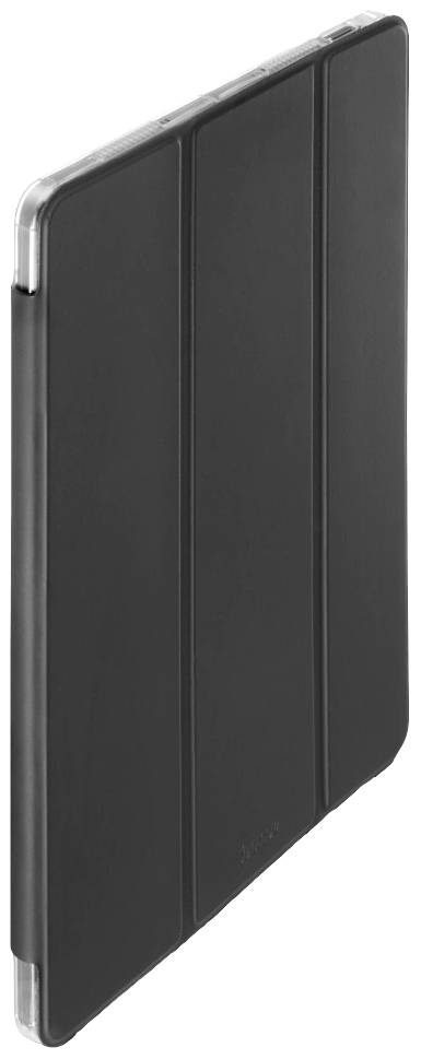 Černý obal na tablet s trojdílným skládacím krytem, ve vzpřímené poloze a zavřený.