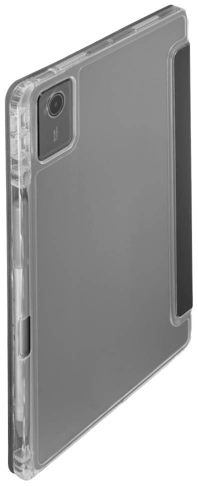 Průhledný ochranný kryt na tablet, částečně černý. Zadní kamera tabletu je viditelná.