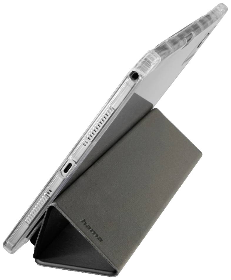 Tablet v ochranném sklopném pouzdře, pohled z boku, pouzdro má label 'hama', postavené pro pohodlné používání na površích.