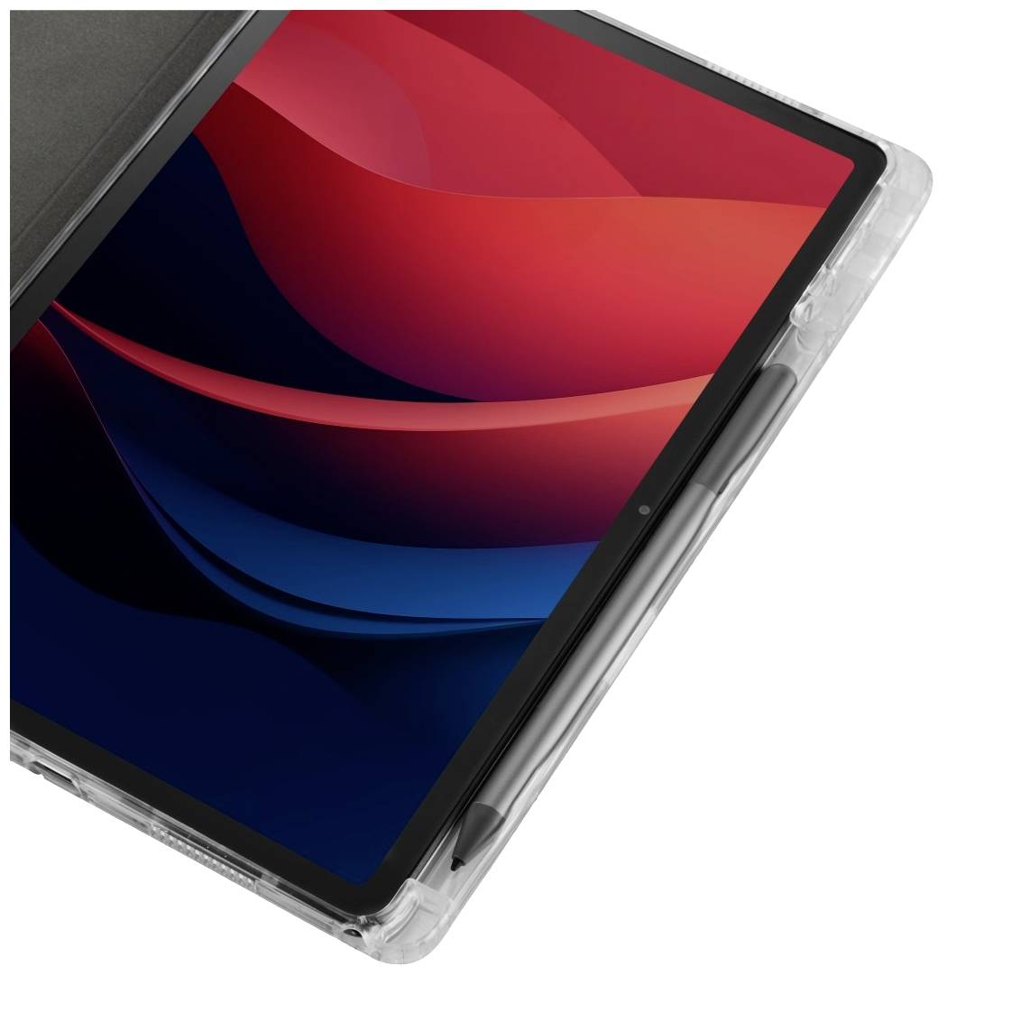 Tablet s barevným abstraktním pozadím v červeno-modrých tónech. Je umístěn v průhledném obalu.