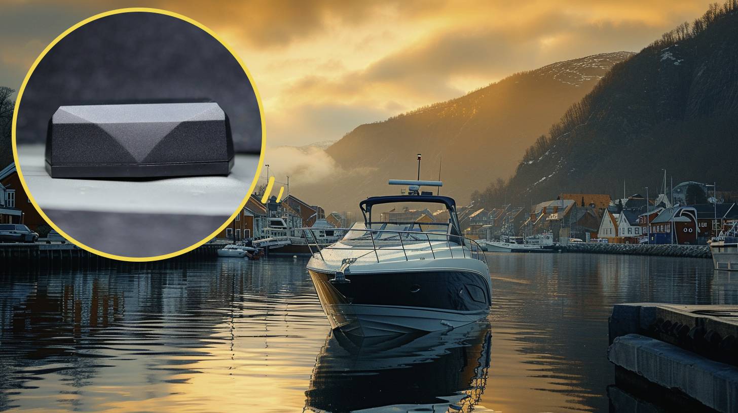 Moderní motorový člun kotví v přístavu malého města za soumraku. V kruhu: detail lodi zvětšený detailní fotografií.
