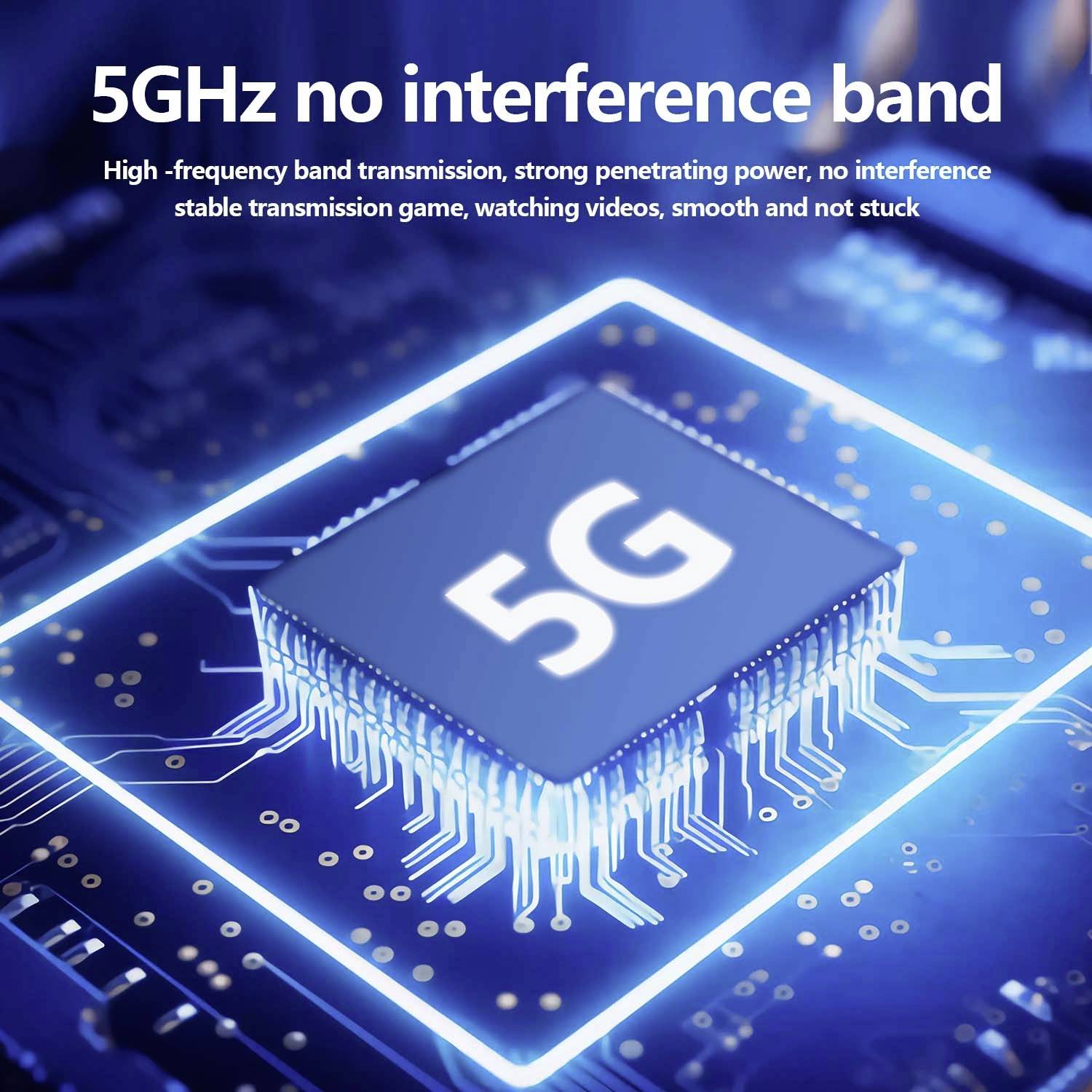 Procesor s označením '5G', obklopený světélkujícími čarami. Text nahoře: '5GHz pásmo bez interference', popis funkcí.