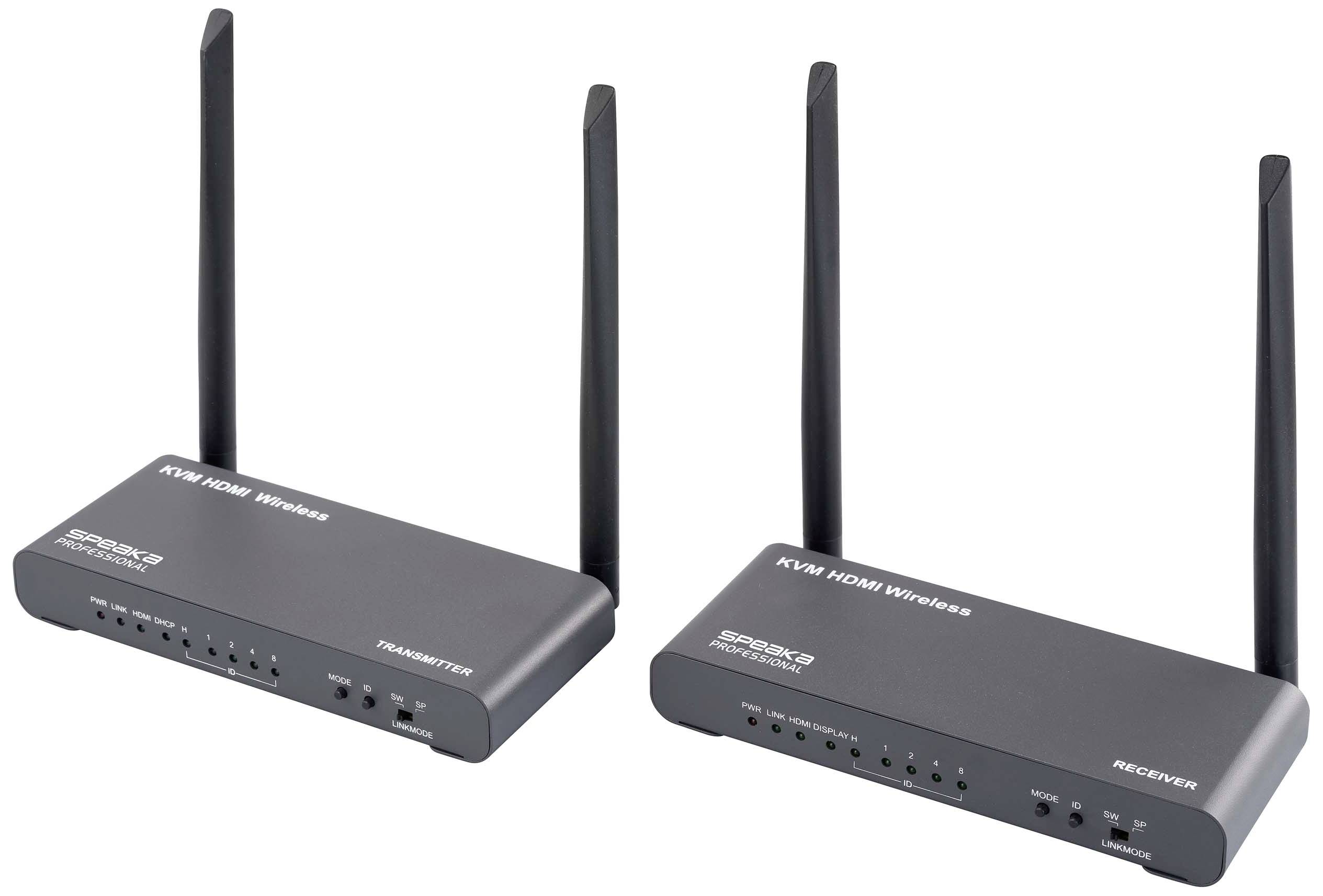 Bezdrátový HDMI extender - sada se dvěma anténami, vysílačem a přijímačem, určený pro bezdrátový přenos HDMI signálu.