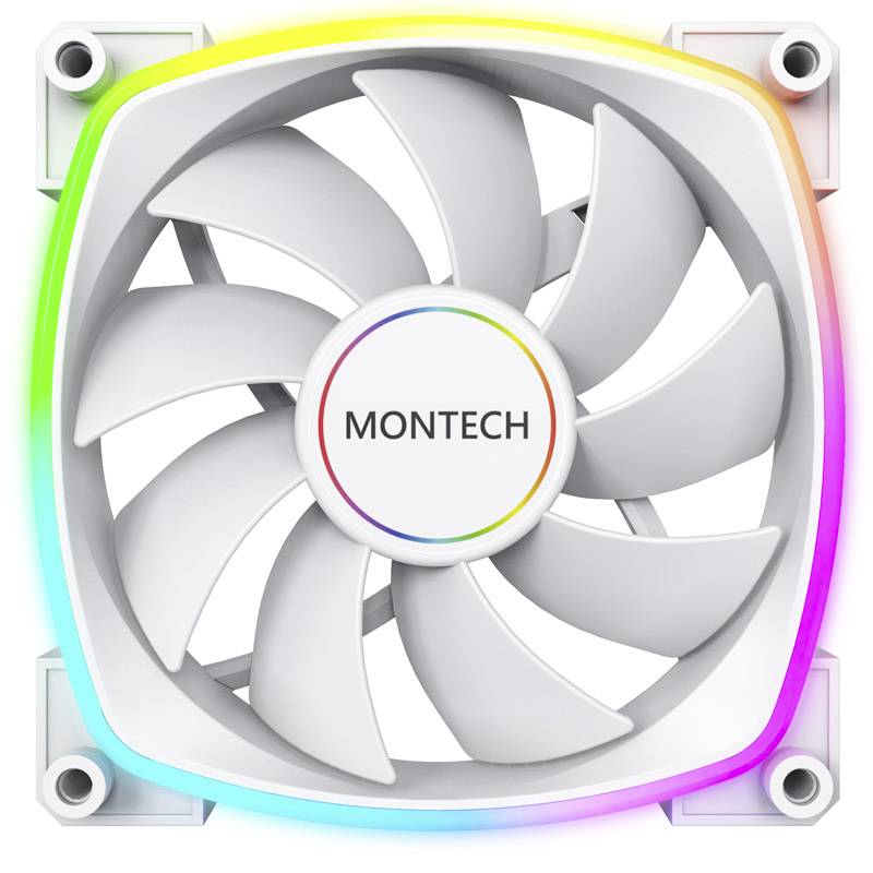 Počítačový ventilátor s bílým krytem, vícebarevné LED diody podél hran a uprostřed viditelný název značky 'Montech'.