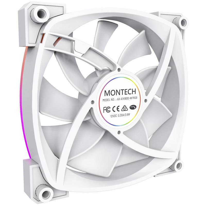 Bílý počítačový ventilátor s RGB podsvícením, modelové číslo AX-120W. Ventilátor se otáčí v zasazeném čtvercovém rámu.