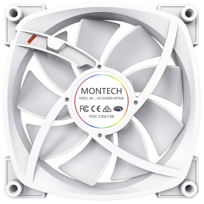'Ventilátor MONTECH, model AX-A1460-WFRGB, 12V DC, 0,30A/3,6W, s RGB podsvícením, na bílém pozadí.'