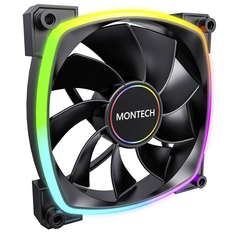 Černý PC ventilátor s pěti rotačními listy. Text značky 'MONTECH' uprostřed. Orámovaný svítícím, vícebarevným LED páskem.