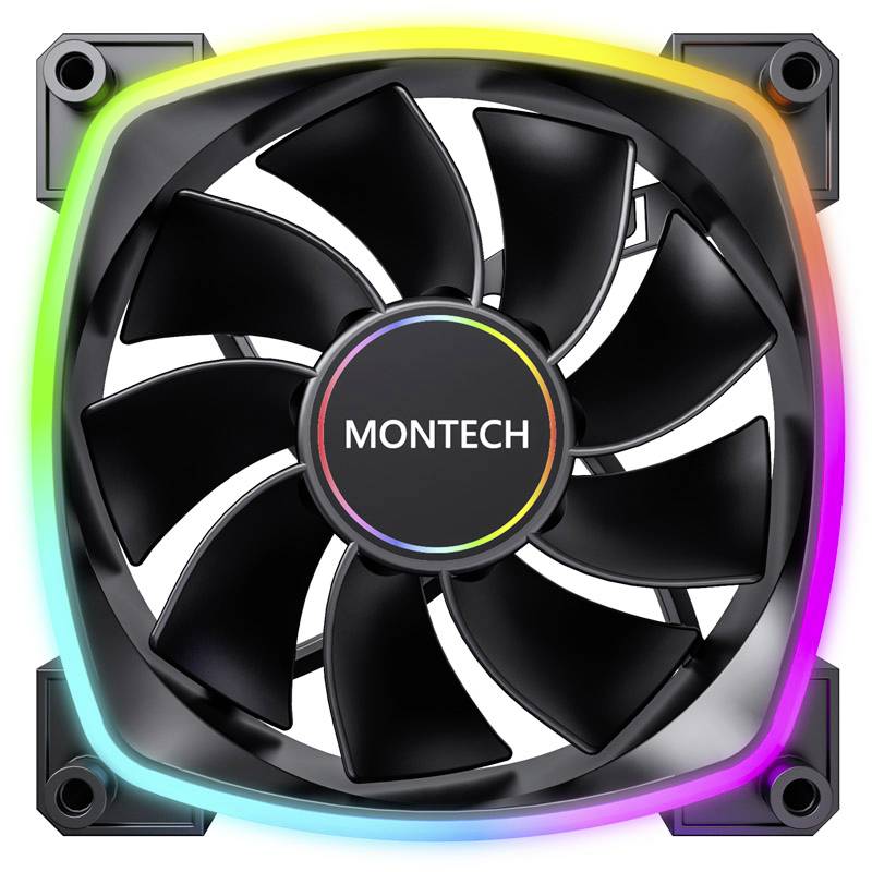 Černý počítačový ventilátor s RGB podsvícením na okrajích. Uprostřed ventilátoru je umístěno logo značky 'MONTECH'.