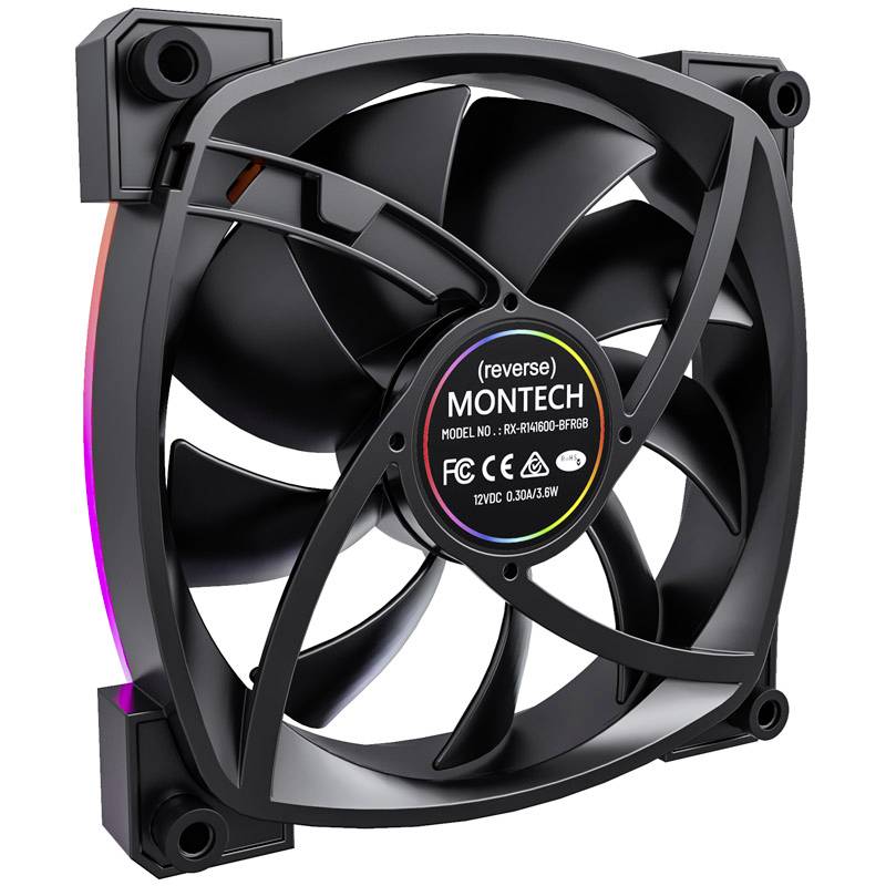 Černý počítačový ventilátor od společnosti Montech s barevnými RGB LED světly na bocích. Modelové číslo RX-FHX60-8FPB.