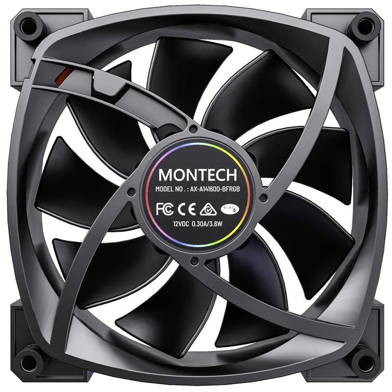 Černý počítačový ventilátor od Montéch s RGB podsvícením s modelovým číslem AX-141600-BFRGB.
