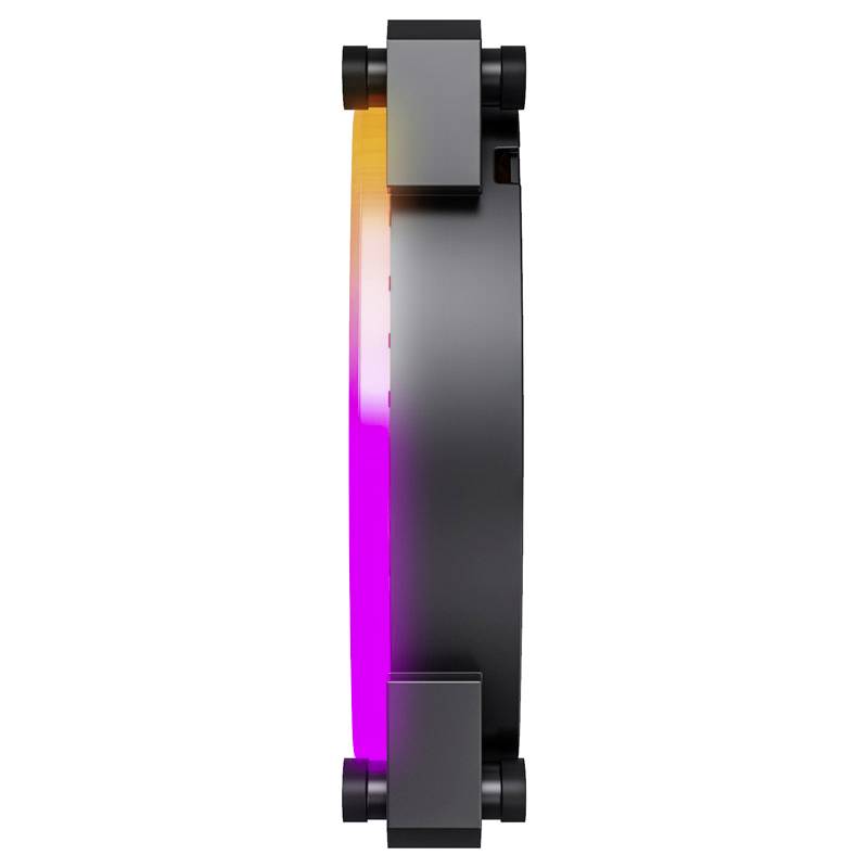 Boční pohled na počítačový ventilátor s osvětleným RGB světelným kruhem. Ventilátor je černý s barevným světlem v teplých tónech.