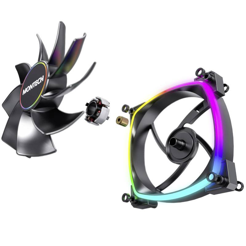 Rozložený počítačový ventilátor s RGB podsvícením, skládající se z rotoru, krytu a jednotlivých dílů. Hlavní barevné tóny jsou černá a duhové barvy.