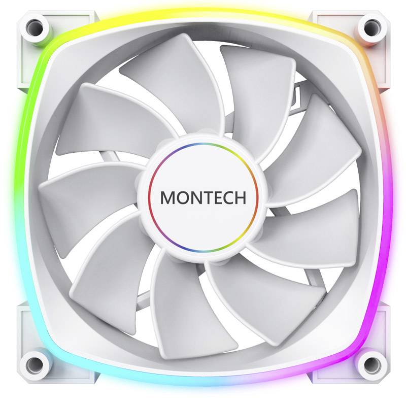 Ventilátor s bílým tělem a barevným LED okrajem. Uprostřed název značky 'MONTECH'.