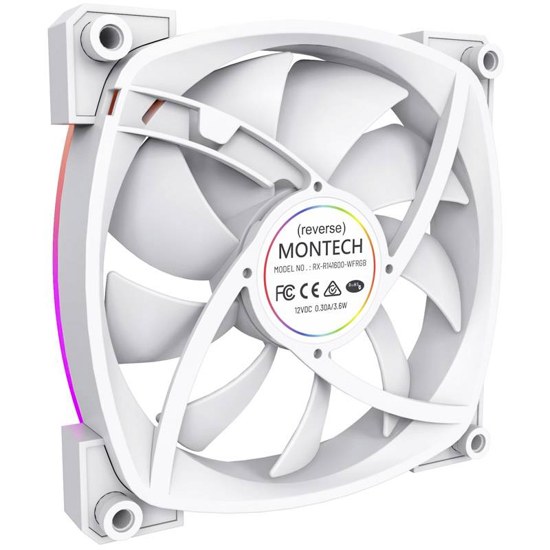 Bílý počítačový chladicí ventilátor s RGB podsvícením. Na přední straně je viditelná značka 'Montech' a technické detaily.