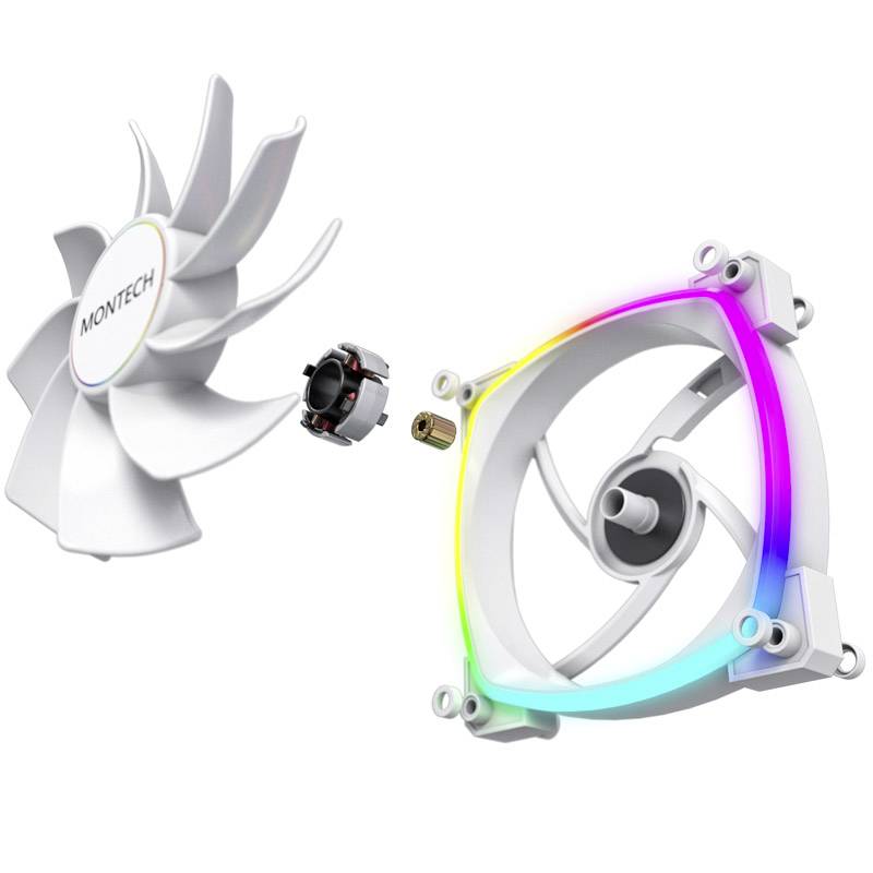 Počítačový ventilátor od Montechu s RGB podsvícením a označeným lopatkovým listem; zobrazuje jednotlivé komponenty rozložené na součásti.