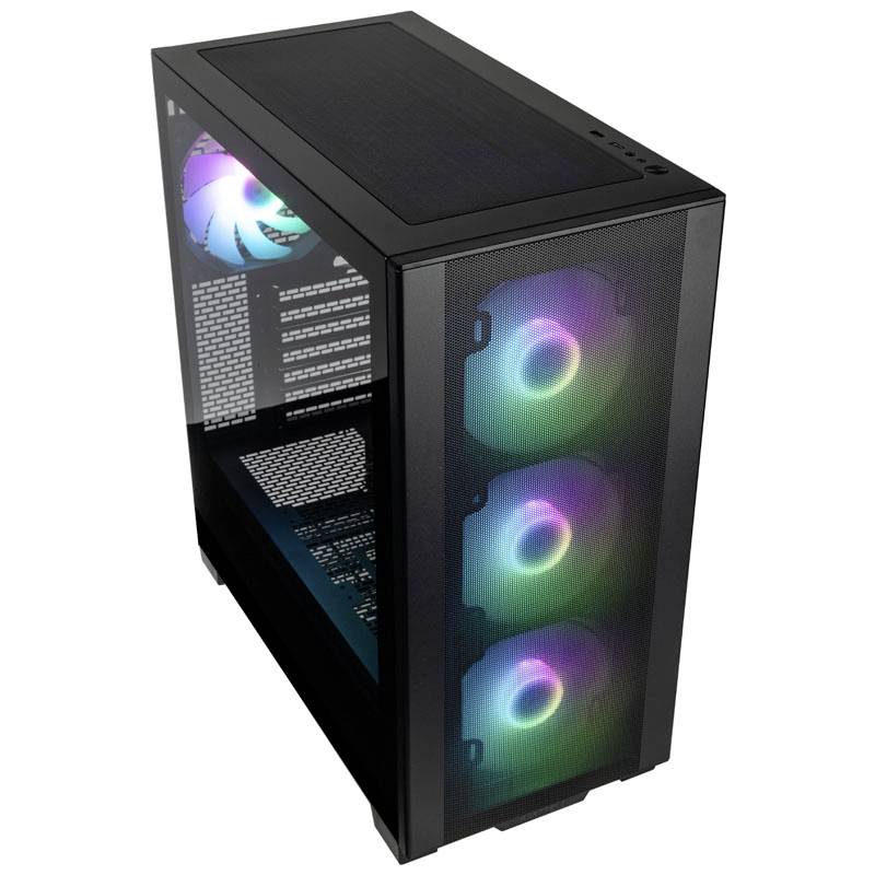 Počítačová skříň s průhlednou boční stranou a podsvícenými RGB ventilátory na přední a zadní straně, vhodná pro herní počítače.