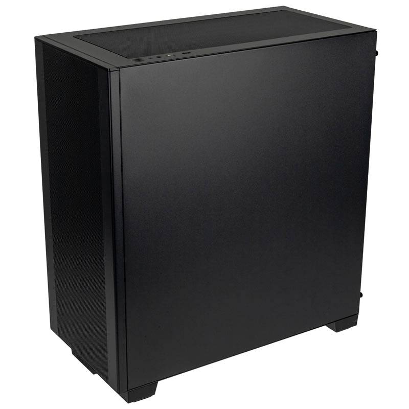 Černá počítačová skříň s minimalistickým designem a viditelnými konektory na horní straně.