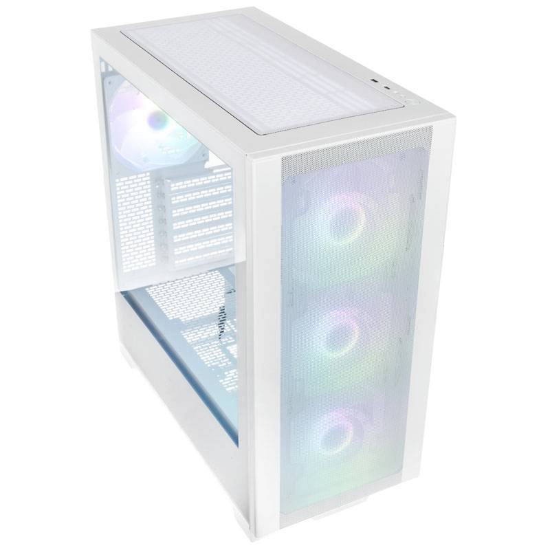 Bílá počítačová skříň s bočním skleněným okénkem a ventilátory s RGB podsvícením.